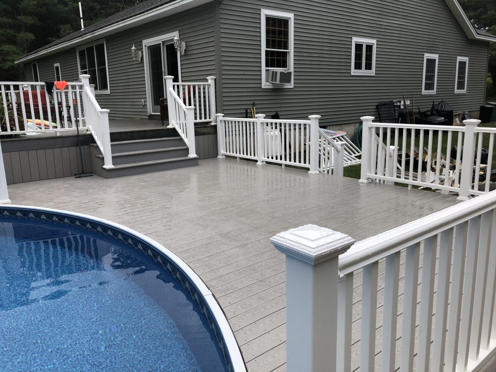  Non slip Composite decking and PVC rail nestled up against the pool. 